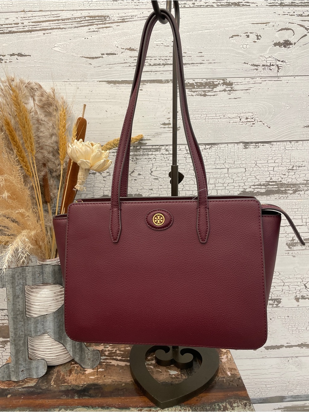 Tory Burch Robinson Burgundy Pebbled Leather Double-Handle Tote